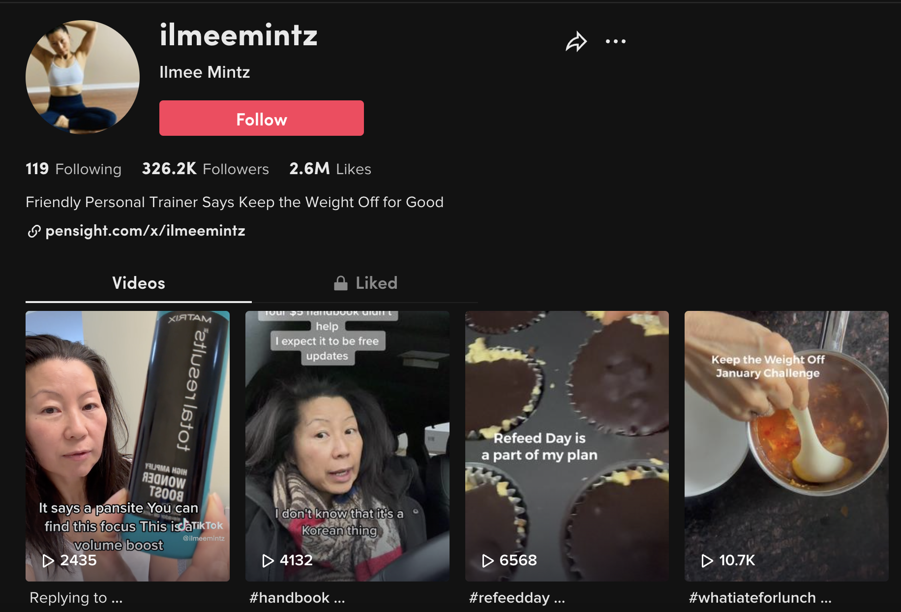 Screenshot of a TikTok profile with \'Link in Bio\' highlighted